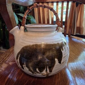 Cream and Brown Ceramic Teapot with Handpainted Decorative Art